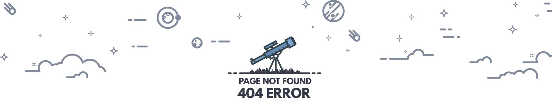 404 page not found showing a telescope in a field looking up at a star filled sky