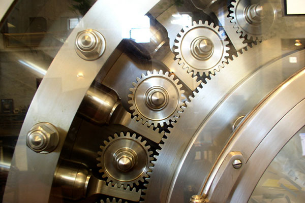 the inside of a bank vault mechanism
